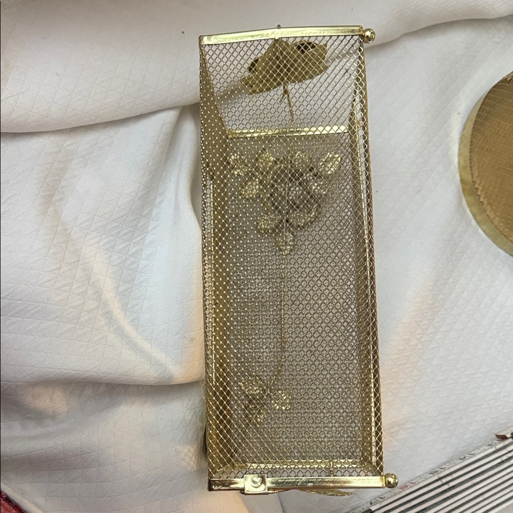 Vintage Hollywood Regency Gold Mesh Wastebasket & Tissue Box Cover Ornate Floral - Picture 6 of 15